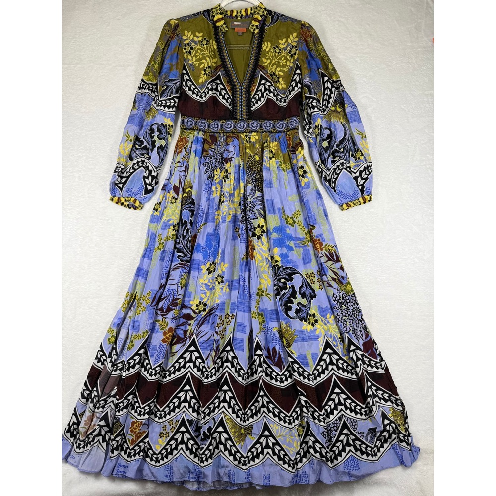 Bhanuni by Jyoti Mixed Print Beaded V-Neck Maxi Dress Blue Green Floral 4P